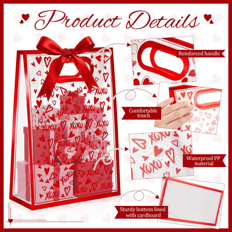 Henoyso 12 Pcs Valentine's Day Gift Bags with Handles Red Heart Clear Gift Bags with Bow Ribbon Reusable PVC Plastic 7x10x3.15 Party Favor for Lover Galentines Anniversary Dating Wedding (Heart) - Image 3