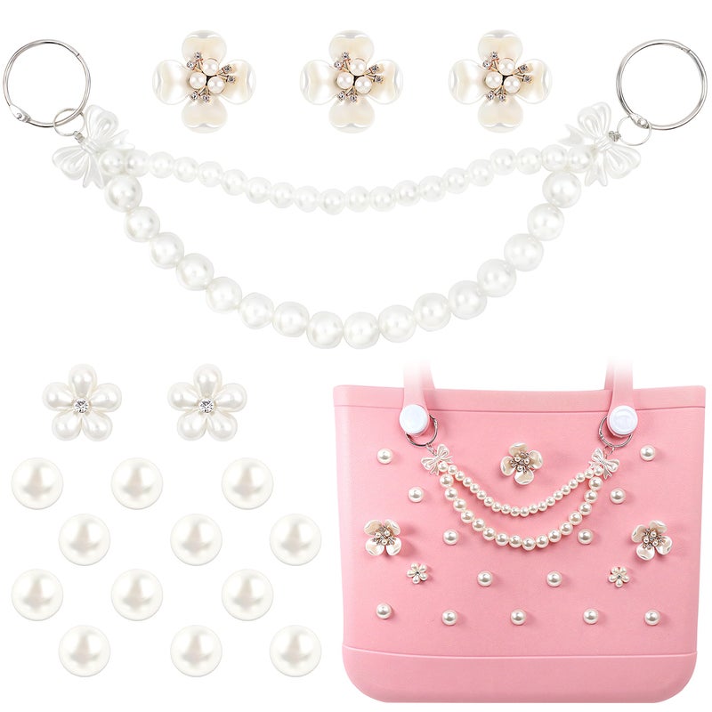 WYVAS Charms for Bogg Bag, Pearls Flowers & Pearls Bow Chain for Bogg Bag, Compatible with Simply Southern Beach Bag Totes Accessories Charms , Pearl Bag Insert for Beach Tote Bag Birthday Favors (18 Pcs) - Image 1