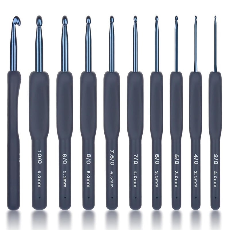 Dodhar 9 Pcs Ergonomic Crochet Hook Set, Dark Blue Aluminium Crochet Hooks Set, Crochet Kit with Soft Grip Handles, Sizes from 2.0Mm to 6.5Mm, Suitable for Different Skill Levels - Image 1