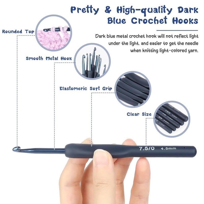 Dodhar 9 Pcs Ergonomic Crochet Hook Set, Dark Blue Aluminium Crochet Hooks Set, Crochet Kit with Soft Grip Handles, Sizes from 2.0Mm to 6.5Mm, Suitable for Different Skill Levels - Image 3