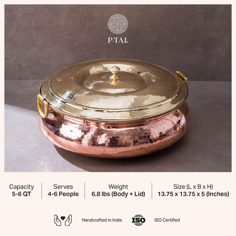 P-TAL PTAL Copper Hammered Lagaan Tin Coated with Lid 100 Pure Copper Degchi for Cooking 6kgs Biryani Handi Ptal Brass Utensils for Kitchen 6 Liters - Image 2