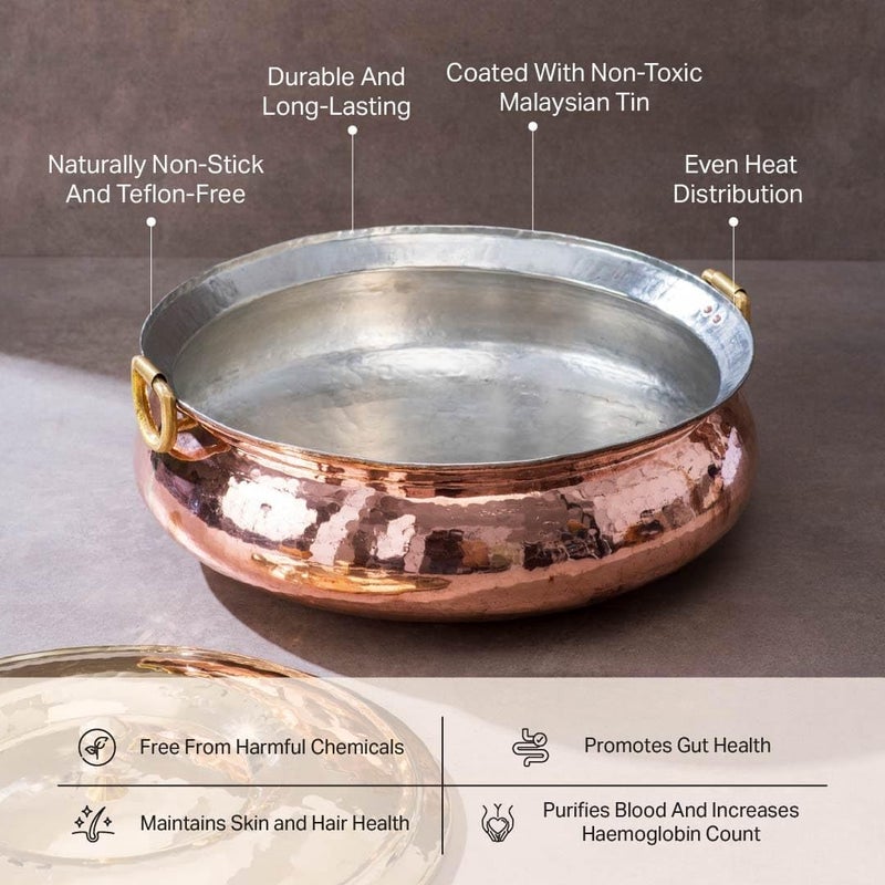 P-TAL PTAL Copper Hammered Lagaan Tin Coated with Lid 100 Pure Copper Degchi for Cooking 6kgs Biryani Handi Ptal Brass Utensils for Kitchen 6 Liters - Image 3