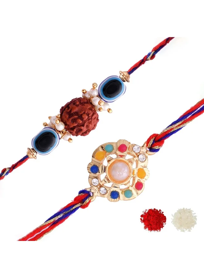 VOYLLA Set Of 2 Colorful Stones Studded Graceful Rakhi And Peal Beaded Rakhi Embellished With Rudraksh