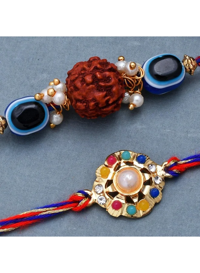 VOYLLA Set Of 2 Colorful Stones Studded Graceful Rakhi And Peal Beaded Rakhi Embellished With Rudraksh