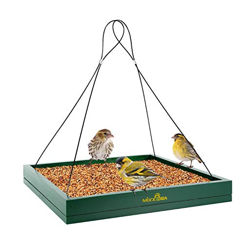 MIXXIDEA Bird Feeder Hanging Tray, Bird Feeders for Outdoors, Wooden Seed Tray Platform Mesh Seed Platform for Garden Yard Outside Decoration Attracting for Wild Birds (Green-1pk) - Image 1