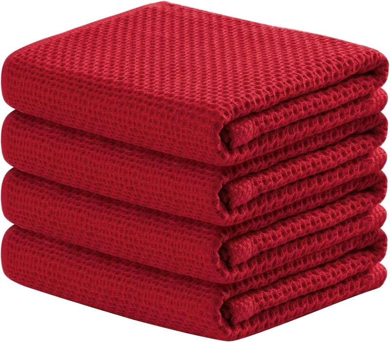 joybest Cotton Kitchen Towels, 4-Pack Waffle Weave Ultra Soft Absorbent Dish Towels Quick Drying Kitchen Dish Cloths, 18 in x 28 in, Red - Image 1
