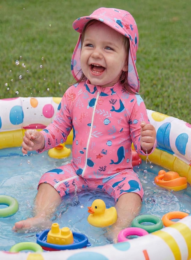 DivingBirds Baby Girl Long Sleeve Swimsuit with Sun Hat - Toddler One Piece Rash Guard Bathing Suit Zip,Whale,6-9 Months - Image 2