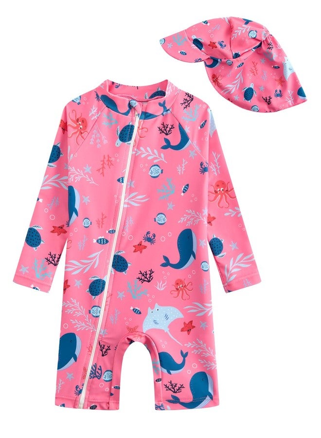 DivingBirds Baby Girl Long Sleeve Swimsuit with Sun Hat - Toddler One Piece Rash Guard Bathing Suit Zip,Whale,6-9 Months - Image 1