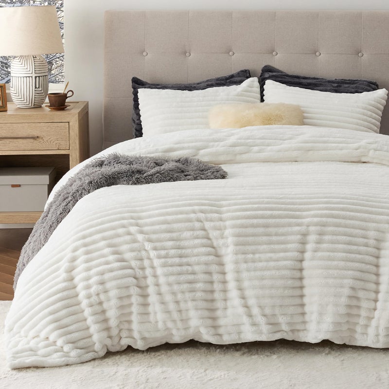 Bedsure Fluffy Duvet Cover Set - Ultra Soft Plush Shaggy Comforter Cover Queen Size, Warm Flannel Fleece Bed Sets for Winter, 3 Pieces (Striped Pattern, Coconut White) - Image 1