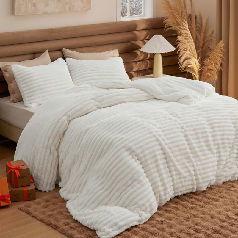 Bedsure Fluffy Duvet Cover Set - Ultra Soft Plush Shaggy Comforter Cover Queen Size, Warm Flannel Fleece Bed Sets for Winter, 3 Pieces (Striped Pattern, Coconut White) - Image 2