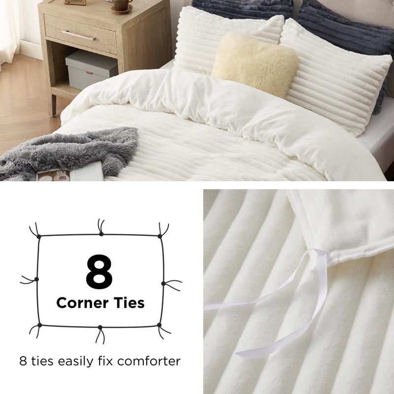 Bedsure Fluffy Duvet Cover Set - Ultra Soft Plush Shaggy Comforter Cover Queen Size, Warm Flannel Fleece Bed Sets for Winter, 3 Pieces (Striped Pattern, Coconut White) - Image 5