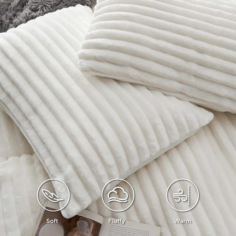 Bedsure Fluffy Duvet Cover Set - Ultra Soft Plush Shaggy Comforter Cover Queen Size, Warm Flannel Fleece Bed Sets for Winter, 3 Pieces (Striped Pattern, Coconut White) - Image 3