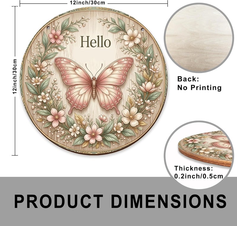 Butterfly Welcome Sign for Front Door, Floral Natural Flowers Leaves Spring Peach Wood Door Hanger Welcome Sign Seasonal Holiday Front Porch Decor Set of 1 - Image 3