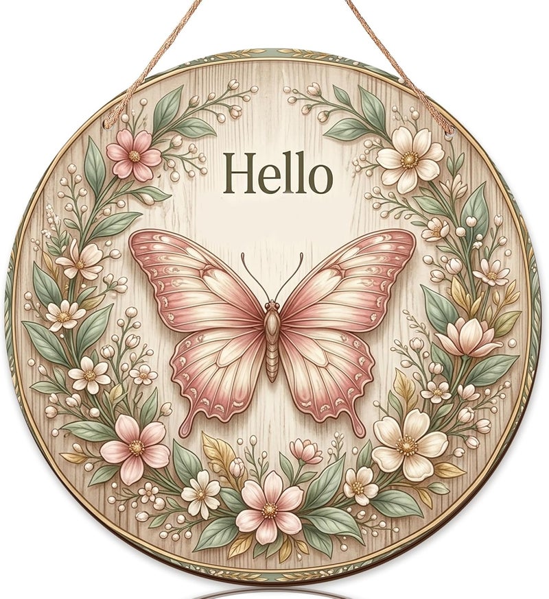 Butterfly Welcome Sign for Front Door, Floral Natural Flowers Leaves Spring Peach Wood Door Hanger Welcome Sign Seasonal Holiday Front Porch Decor Set of 1 - Image 1