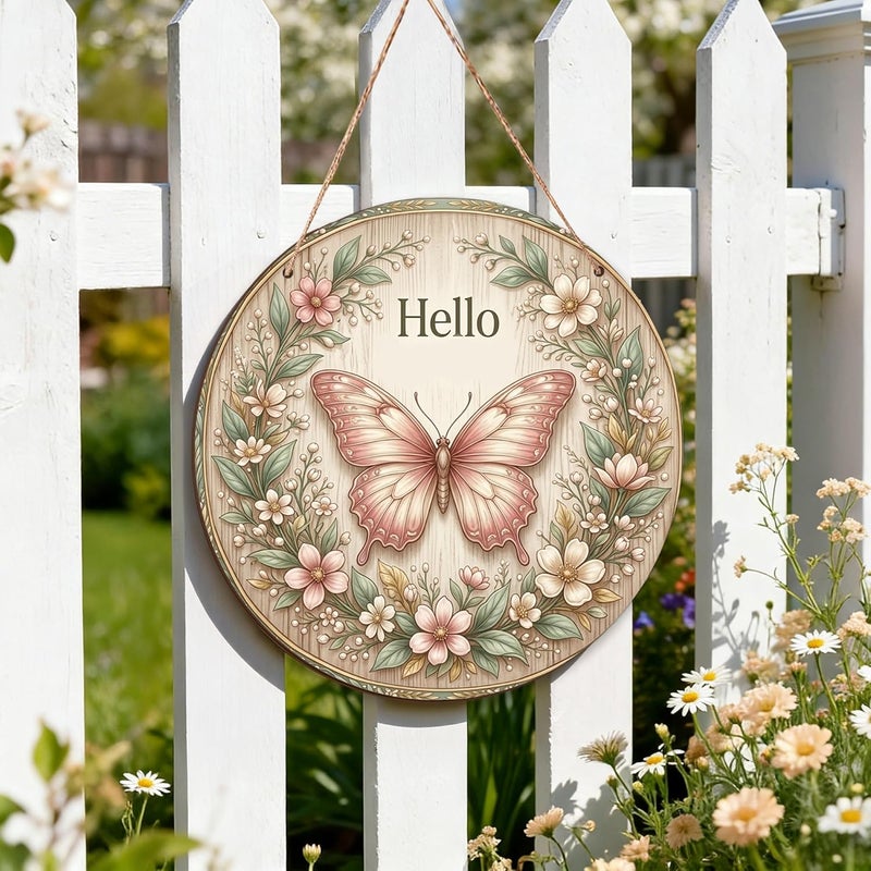 Butterfly Welcome Sign for Front Door, Floral Natural Flowers Leaves Spring Peach Wood Door Hanger Welcome Sign Seasonal Holiday Front Porch Decor Set of 1 - Image 4