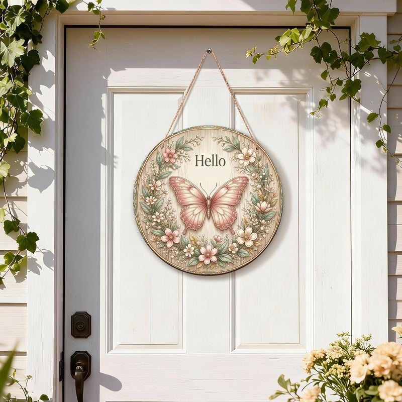 Butterfly Welcome Sign for Front Door, Floral Natural Flowers Leaves Spring Peach Wood Door Hanger Welcome Sign Seasonal Holiday Front Porch Decor Set of 1 - Image 5
