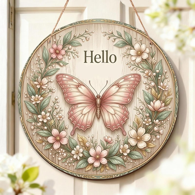 Butterfly Welcome Sign for Front Door, Floral Natural Flowers Leaves Spring Peach Wood Door Hanger Welcome Sign Seasonal Holiday Front Porch Decor Set of 1 - Image 2
