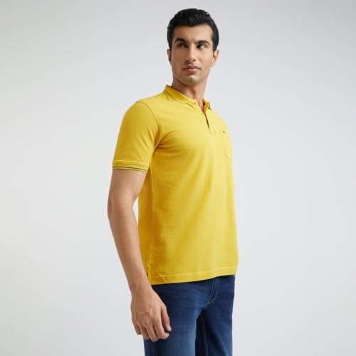 Raymond Men's Solid Pattern Modern Fit Pure Cotton Half Sleeve Polo Neck Casual T-Shirt (Size: 40)-RCKE01197-Y5 Medium Yellow - Image 2