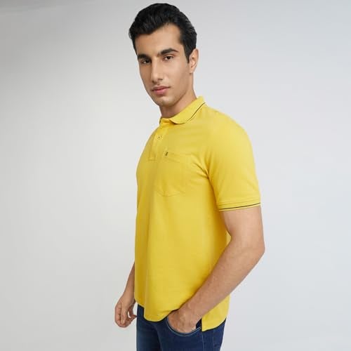 Raymond Men's Solid Pattern Modern Fit Pure Cotton Half Sleeve Polo Neck Casual T-Shirt (Size: 40)-RCKE01197-Y5 Medium Yellow - Image 3