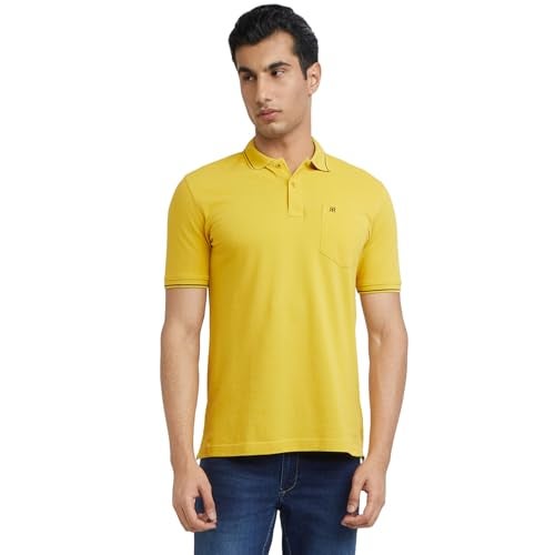 Raymond Men's Solid Pattern Modern Fit Pure Cotton Half Sleeve Polo Neck Casual T-Shirt (Size: 40)-RCKE01197-Y5 Medium Yellow - Image 1