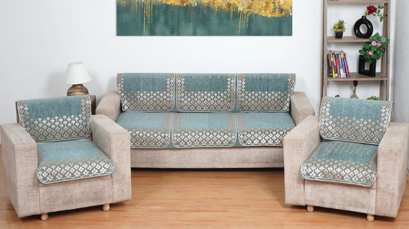MORADO Chenille 5 Seater Sofa Set Slipcover for Living Room, Drawing Room and Office (3 Seater + Two 1 Seater Covers) - Green - Image 1