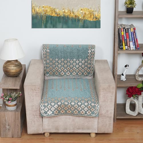 MORADO Chenille 5 Seater Sofa Set Slipcover for Living Room, Drawing Room and Office (3 Seater + Two 1 Seater Covers) - Green - Image 4