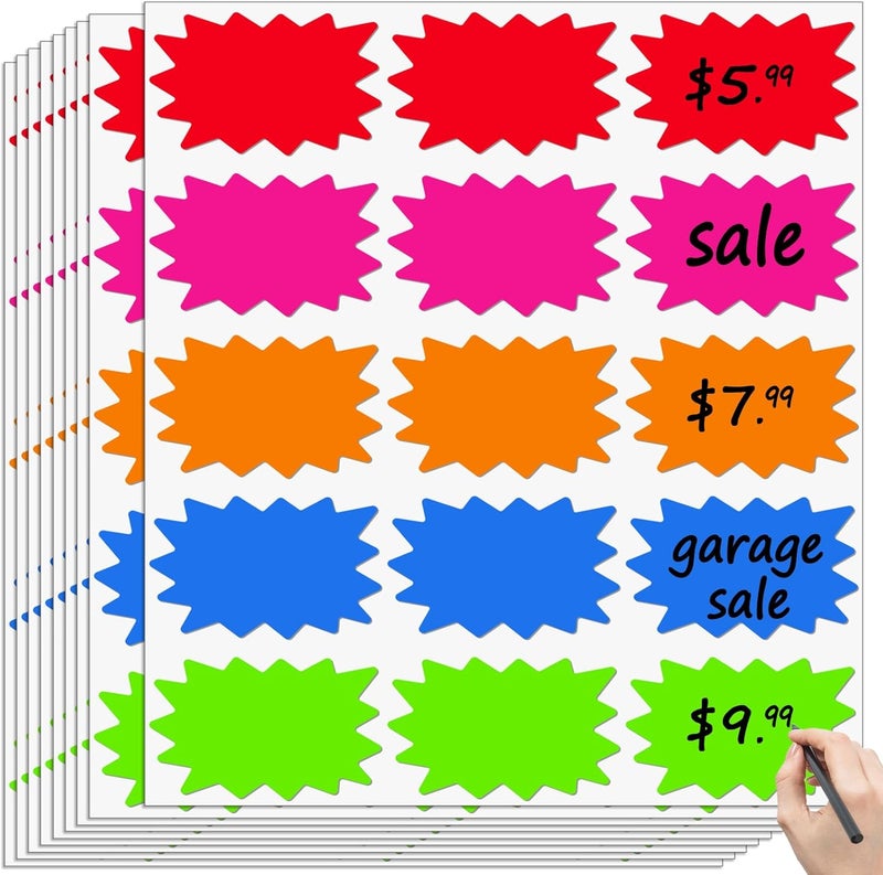 labelon 300 Pcs Garage Sale Price Stickers, Removable Adhesive Yard Sale Stickers with Space to Write Pricing (2"x3"), Star Explosion Signs Price Tag Stickers for Retail and Market - Image 1