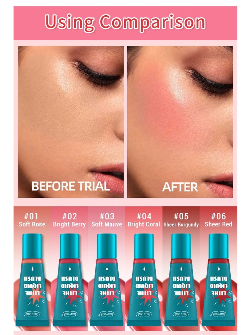 جولي جوجو أحمر خدود سائل 6 ألوان بلمسة نهائية غير لامعة، أحمر خدود جل كريمي يدوم طويلاً، لا يتلاشى، خفيف الوزن، يدوم طويلاً، أحمر خدود ناعم، 6 قطع - Image 4