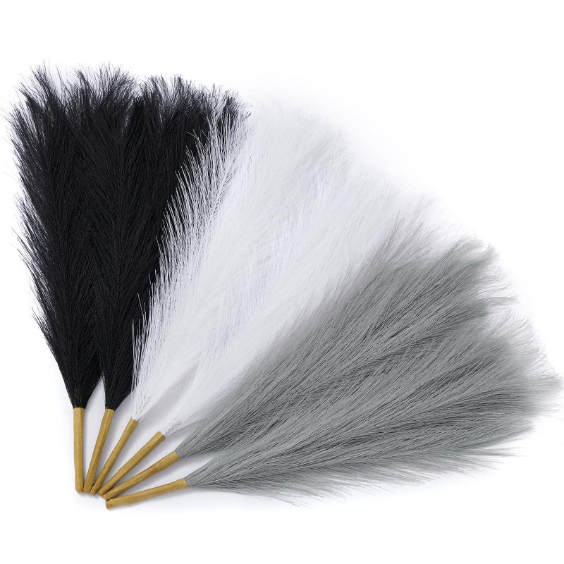 Serwalin Pampas Grass Decor Black Pampas Decor 17in 6pcs Faux Pampas Grass Modern Home Decor Artificial Pampas Grass White Grey Party Gothic Room Decoration Pampas Grass Bouquet Vase Filler