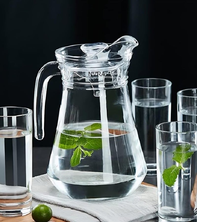 NVRA Premium 1300ml Glass Water Jug with Plastic Lid & Handle | 1.3L Transparent Beverage Carafe for Home, Office, Etc | Pitcher for Serve Water Milk Juice Beverage (1.3L Classic Jug) - Image 1