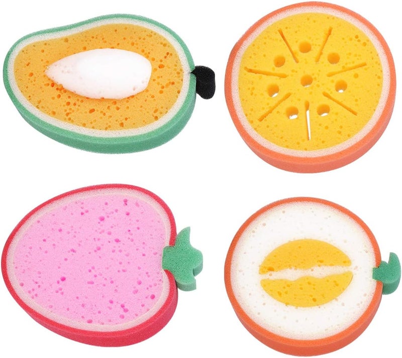 klarako 4pcs Fruit Shaped Bath Sponge Cartoon Bathing Scrubbers Sponge Kitchen Cleaning Brush Cleaner for Shower Dish Mixed Style - Image 1