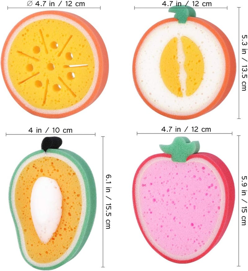 klarako 4pcs Fruit Shaped Bath Sponge Cartoon Bathing Scrubbers Sponge Kitchen Cleaning Brush Cleaner for Shower Dish Mixed Style - Image 3