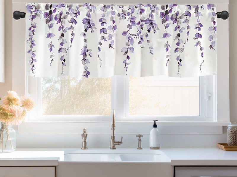 debraleye Watercolor Purple Leaves Window Valance for Bedroom Living Room, Lavender Leaf Vine Plant Curtains Valanes for Windows, 3" Rod Pocket Window Treatment for Home Decorations, 54 x 18 Inch, 1 Panel - Image 2