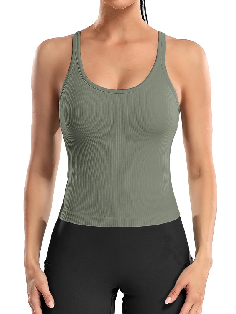 ATTRACO Cami Tank Tops for Women Crop Workout Gym Tops with Built in Padded Bra Army Green XS - Image 1