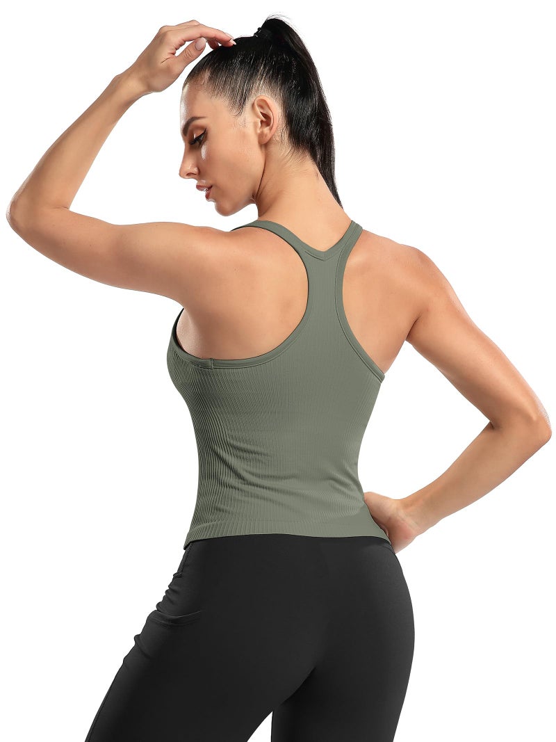 ATTRACO Cami Tank Tops for Women Crop Workout Gym Tops with Built in Padded Bra Army Green XS - Image 2