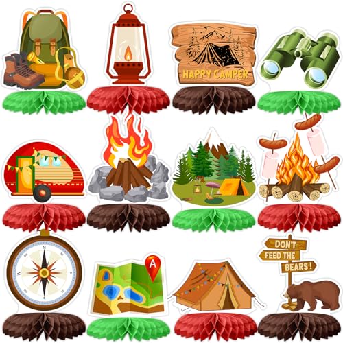 Tarklanda 12 Pcs Camping Party Honeycomb Centerpieces Campfire Adventure Party Table Decorations 3D Honeycomb Birthday Supplies Photo Props - Image 1