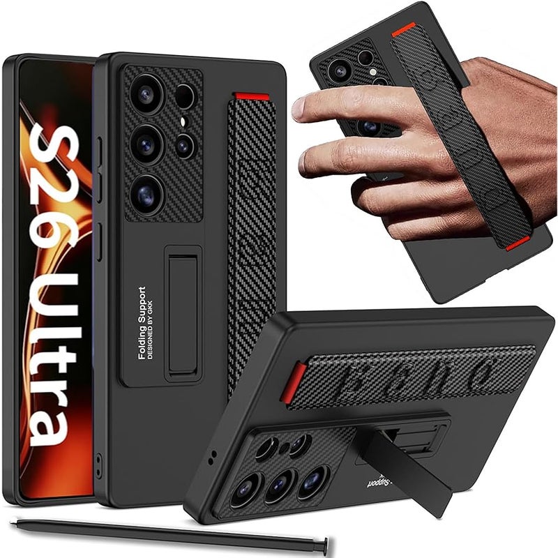 NINKI Carbon Fiber Strap for Samsung Galaxy S26 Ultra Case with Wristband & Kickstand, Shockproof Hard Thin Protective Cover with Stand for Galaxy S26 Ultra Cover Grip for Samsung S26 Ultra Case Mens - Image 1