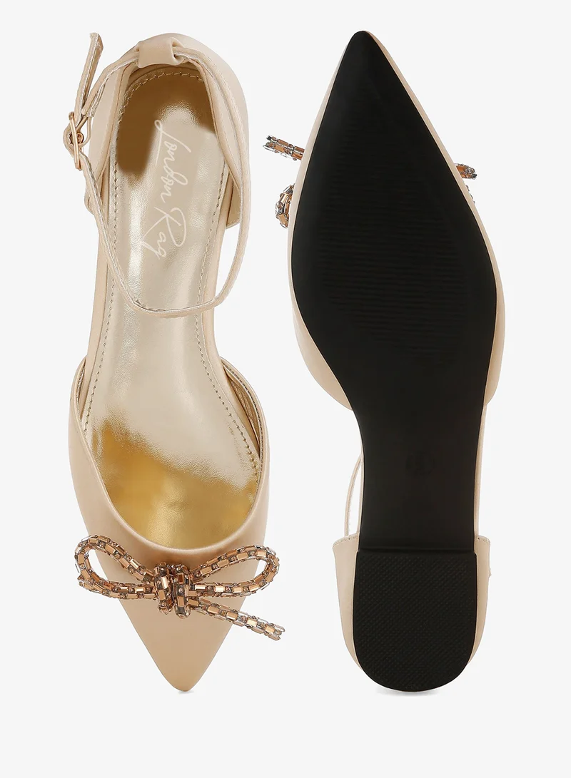 London Rag Light Gold Rhinestone Detail Bow Flat Sandals in Light Gold for Women | Best Price UAE