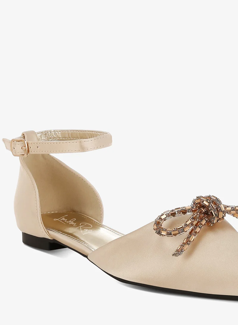 London Rag Light Gold Rhinestone Detail Bow Flat Sandals in Light Gold for Women | Best Price UAE