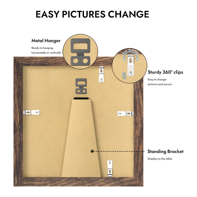 Hongkee 6x6 Picture Frame with Glass, Display Pictures 4x4 with Mat or 6 x 6 without Mat - Wall and Tabletop, 6 by 6 Photo Wooden Frames (Rustic Brown, 1 Pack) - Image 4