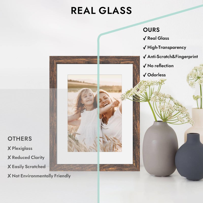 Hongkee 6x6 Picture Frame with Glass, Display Pictures 4x4 with Mat or 6 x 6 without Mat - Wall and Tabletop, 6 by 6 Photo Wooden Frames (Rustic Brown, 1 Pack) - Image 3