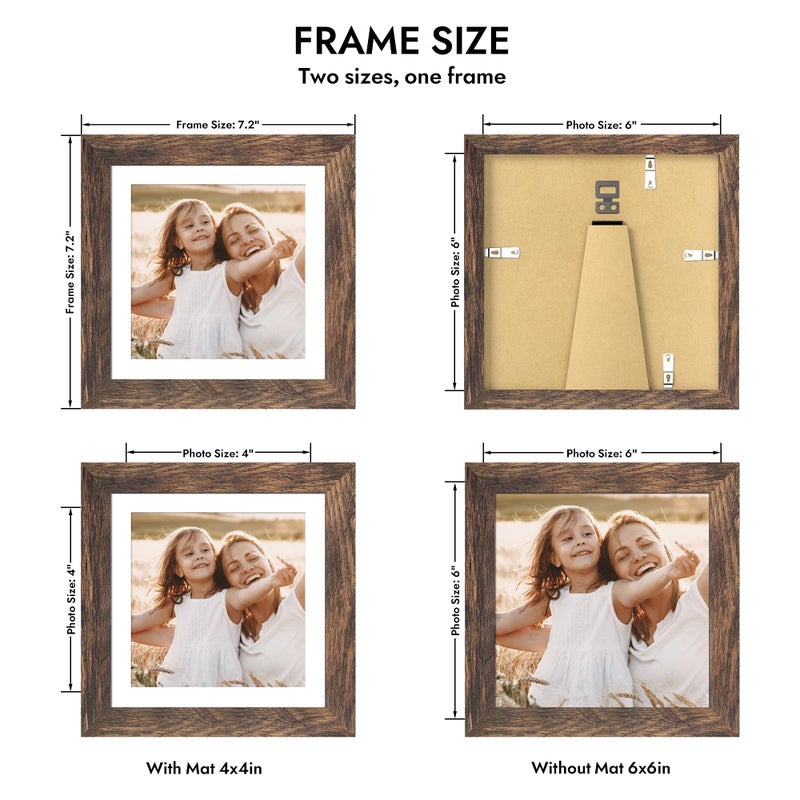 Hongkee 6x6 Picture Frame with Glass, Display Pictures 4x4 with Mat or 6 x 6 without Mat - Wall and Tabletop, 6 by 6 Photo Wooden Frames (Rustic Brown, 1 Pack) - Image 2