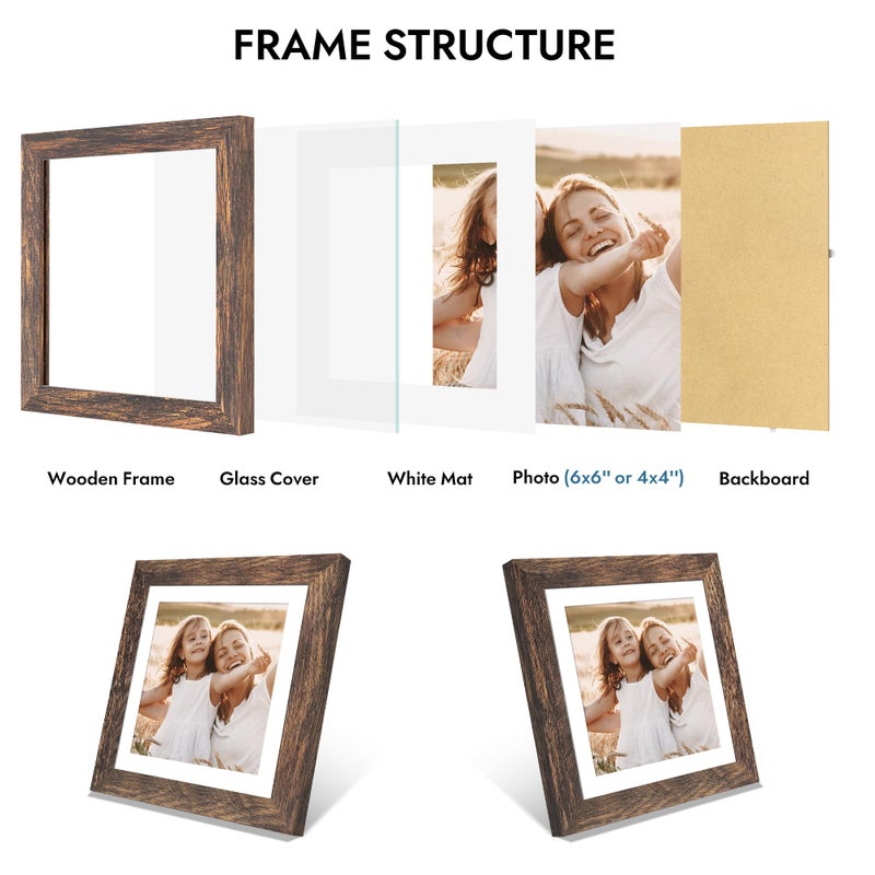 Hongkee 6x6 Picture Frame with Glass, Display Pictures 4x4 with Mat or 6 x 6 without Mat - Wall and Tabletop, 6 by 6 Photo Wooden Frames (Rustic Brown, 1 Pack) - Image 5