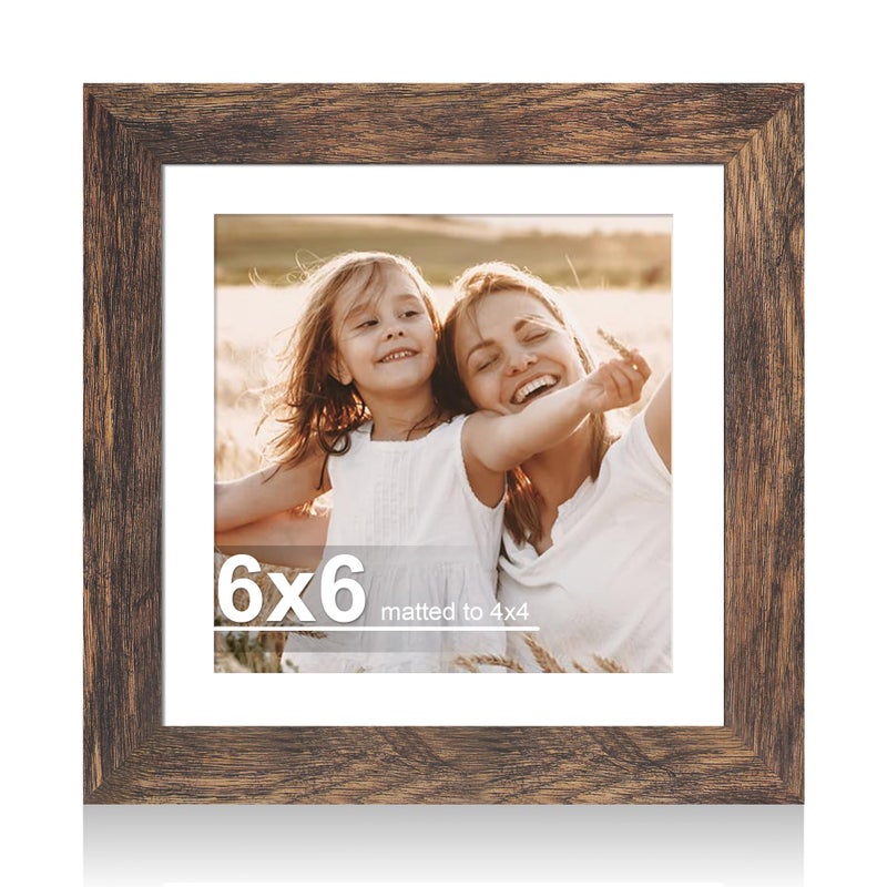 Hongkee 6x6 Picture Frame with Glass, Display Pictures 4x4 with Mat or 6 x 6 without Mat - Wall and Tabletop, 6 by 6 Photo Wooden Frames (Rustic Brown, 1 Pack) - Image 1