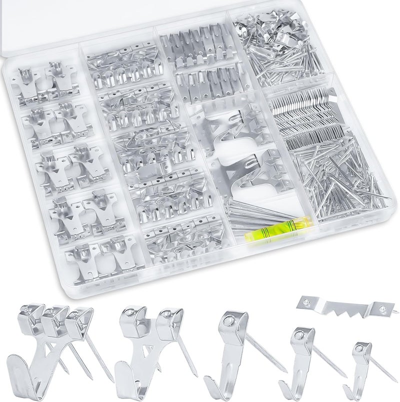 KURUI Picture Hanging Kit for Wall Decor, Frame, Painting, Art, Photo, 385Pcs Picture Hangers with Heavy Duty Hooks, Sawtooth, Hardware Nails, Wall Hangers for Bedroom Office Classroom (Silver) - Image 1