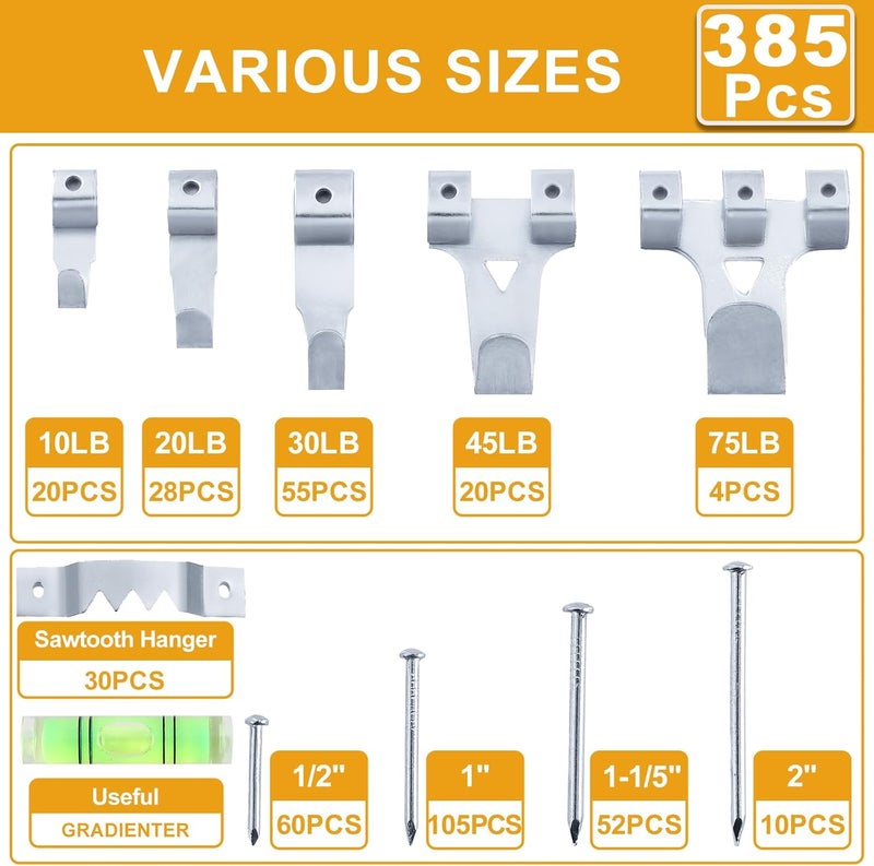 KURUI Picture Hanging Kit for Wall Decor, Frame, Painting, Art, Photo, 385Pcs Picture Hangers with Heavy Duty Hooks, Sawtooth, Hardware Nails, Wall Hangers for Bedroom Office Classroom (Silver) - Image 3