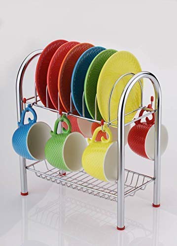 U World UDEETA MART Mirror Finish Stainless Steel Dish Rack Shelf Cup and Saucer Stand for Cups Plate Cutlery Tray Silver - Image 2