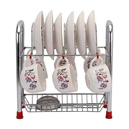 U World UDEETA MART Mirror Finish Stainless Steel Dish Rack Shelf Cup and Saucer Stand for Cups Plate Cutlery Tray Silver - Image 1