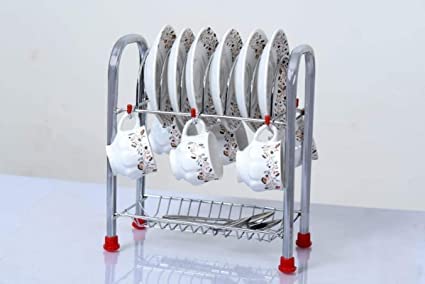 U World UDEETA MART Mirror Finish Stainless Steel Dish Rack Shelf Cup and Saucer Stand for Cups Plate Cutlery Tray Silver - Image 5