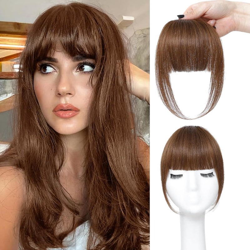 ELEFOCUS Clip in Bangs Real Human Hair Light Brown 100 Human Hair French Bangs Fake Bangs Hair Clip on bangs for women Fringe with Temples Hairpieces Curved Bangs for Daily Wear - Image 2